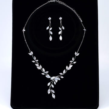 CZ Leaves Dancing with Light Necklace Set, Long Bridal Jewelry, Bridal Earrings And Necklace, Statement Earrings Cz Necklace Set.